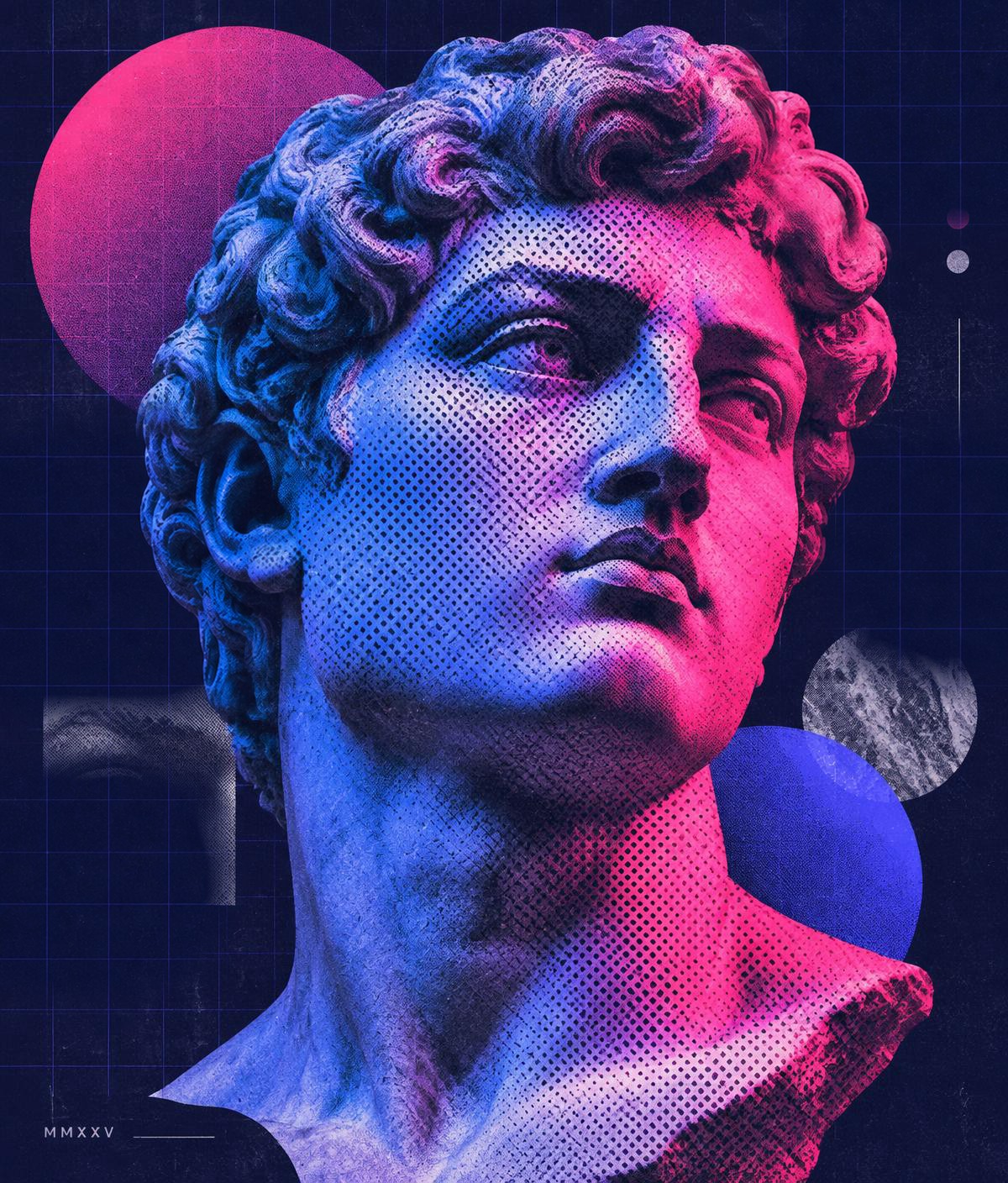 Pop-art classical marble bust lit in electric blue and hot pink